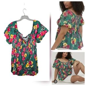 Torrid Green Floral Smocked Babydoll Poplin Puff Sleeve Top Women's Plus 2X/3X